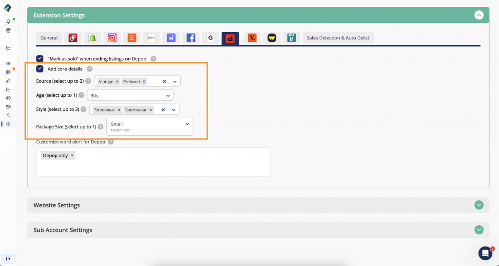 Depop core settings on the List Perfectly application. 